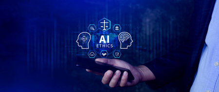 AI ethics expert guides the way, balancing artificial intelligence with humanity, Icons related AI...