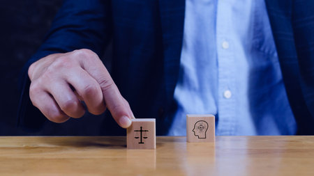 AI ethics or AI law concept. balancing artificial intelligence with humanity, Icons related AI ethics on wooden cube, symbols of legal scales, security, ethical standards and regulations in AI technology.の写真素材