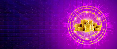 Horoscope with zodiac signs and money coins like astrology and money and astrology and wealth concept, Financial horoscope concept.の写真素材