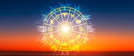 Horoscope with zodiac signs concept. astrology and money wealth concept, Astrological zodiac signs inside of horoscope circle, knowledge of stars in the skyの写真素材