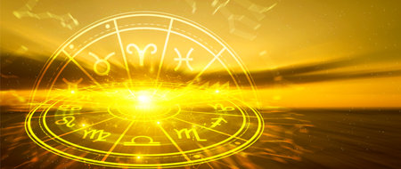 Horoscope with zodiac signs concept. astrology and money wealth concept, Astrological zodiac signs inside of horoscope circle, knowledge of stars in the skyの写真素材