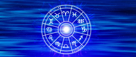 Horoscope with zodiac signs concept. astrology and money wealth concept, Astrological zodiac signs inside of horoscope circle, knowledge of stars in the skyの写真素材