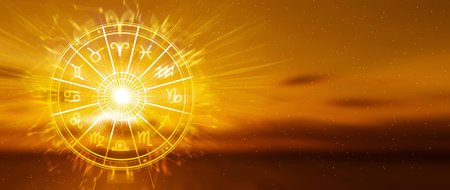 Horoscope with zodiac signs concept. astrology and money wealth concept, Astrological zodiac signs inside of horoscope circle, knowledge of stars in the skyの写真素材