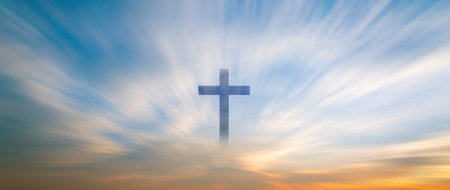 Easter christian background resurrection, Religion Christ and the cross of Jesus Christ at sunset, Crucifix, christianity and religion conceptの写真素材