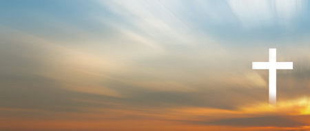 Easter christian background resurrection, Religion Christ and the cross of Jesus Christ at sunset golden light, Crucifix, christianity and religion conceptの写真素材