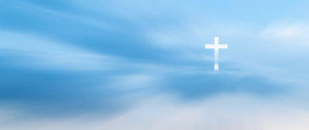 Easter christian background resurrection, Religion Christ and the cross of Jesus Christ with Clouds blue sky, Crucifix, christianity and religion conceptの写真素材