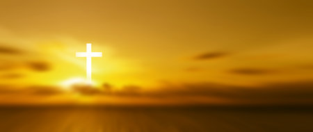 Easter christian background resurrection, Religion Christ and the cross of Jesus Christ at sunset golden light, Crucifix, christianity and religion conceptの写真素材