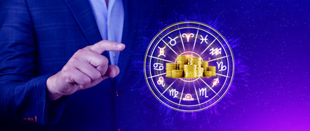 Horoscope with zodiac signs and money coins like astrology and money and astrology and wealth concept, Financial horoscope concept.の写真素材