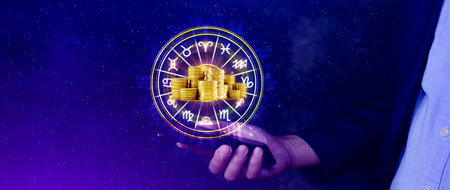 Horoscope with zodiac signs and money coins like astrology and money and astrology and wealth concept, Financial horoscope concept.の写真素材