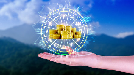 Horoscope with zodiac signs and money coins like astrology and money and astrology and wealth concept, Financial horoscope concept.の写真素材