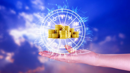 Horoscope with zodiac signs and money coins like astrology and money and astrology and wealth concept, Financial horoscope concept.の写真素材