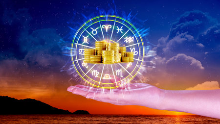 Horoscope with zodiac signs and money coins like astrology and money and astrology and wealth concept, Financial horoscope concept.の写真素材