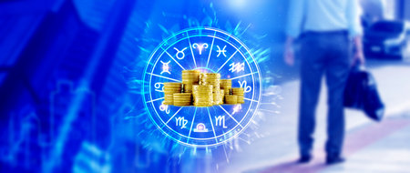 Horoscope with zodiac signs and money coins like astrology and money and astrology and wealth concept, Financial horoscope concept.の写真素材