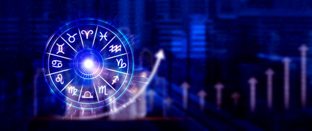 Horoscope with zodiac signs and money coins like astrology and money and astrology and wealth concept, Financial horoscope concept.の写真素材