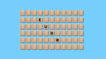 EUDR Environmental Responsibility and drinking coffee in European Union Concept, EU Deforestation Regulation EUDR on wooden cube, Sustainable practices and corporate environmental responsibilityの写真素材