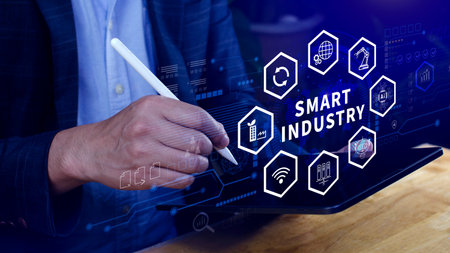 Smart industry, automation and optimisation concept on virtual. Business and modern technology concept, Future of manufacturing innovation.の写真素材