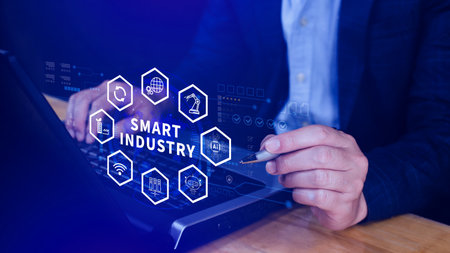 Smart industry, automation and optimisation concept on virtual. Business and modern technology concept, Future of manufacturing innovation. not aiの写真素材