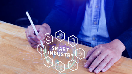 Smart industry, automation and optimisation concept on virtual. Business and modern technology concept, Future of manufacturing innovation.の写真素材