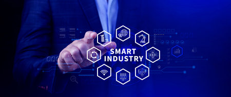 Smart industry, automation and optimisation concept on virtual. Business and modern technology concept, Future of manufacturing innovation.の写真素材