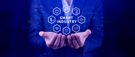 Smart industry, automation and optimisation concept on virtual. Business and modern technology concept, Future of manufacturing innovation.の写真素材