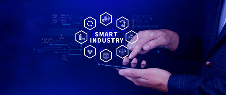 Smart industry, automation and optimisation concept on virtual. Business and modern technology concept, Future of manufacturing innovation.の写真素材