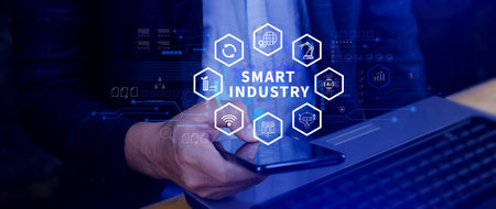 Smart industry, automation and optimisation concept on virtual. Business and modern technology concept, Future of manufacturing innovation. not aiの写真素材