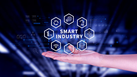 Smart industry, automation and optimisation concept on virtual. Business and modern technology concept, Future of manufacturing innovation.の写真素材