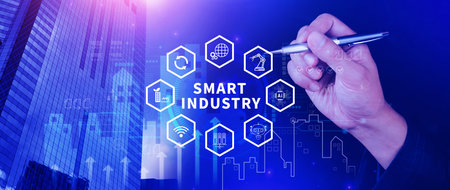 Smart industry, automation and optimisation concept on virtual. Business and modern technology concept, Future of manufacturing innovation.の写真素材