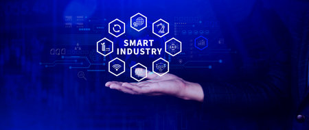 Smart industry, automation and optimisation concept on virtual. Business and modern technology concept, Future of manufacturing innovation.の写真素材
