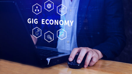 Gig economy, freelance, hybrid workplace concept. combination of employment trend, growing to external hiring. not aiの写真素材