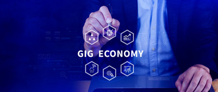 Gig economy, freelance, hybrid workplace concept. combination of employment trend, growing to...