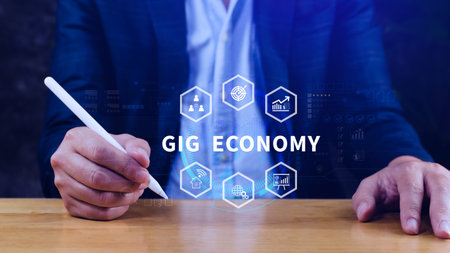 Gig economy, freelance, hybrid workplace concept. combination of employment trend, growing to external hiring. not aiの写真素材