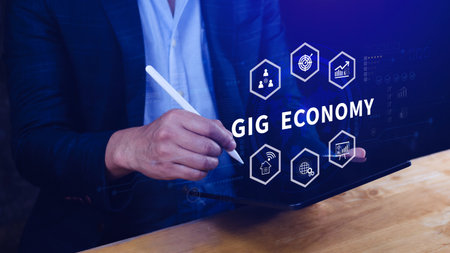 Gig economy, freelance, hybrid workplace concept. combination of employment trend, growing to external hiring. not aiの写真素材