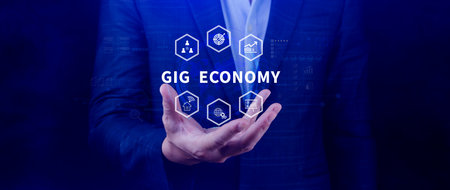 Gig economy, freelance, hybrid workplace concept. combination of employment trend, growing to external hiring. not aiの写真素材