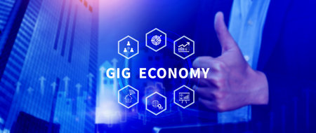 Gig economy, freelance, hybrid workplace concept. combination of employment trend, growing to external hiring. not aiの写真素材