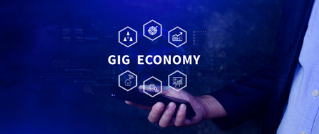 Gig economy. using a smartphone, freelance, hybrid workplace concept. combination of employment...