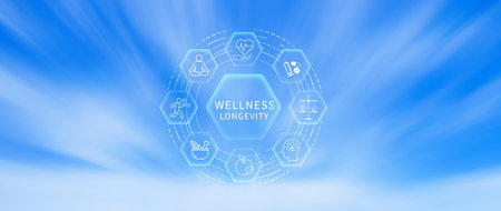 Wellness. Wellness longevity and Holistic Concept, health care, including mental wellbeing, fitness, nutrition, sleep, relationships and financial balance, Personal development and balance. not ai