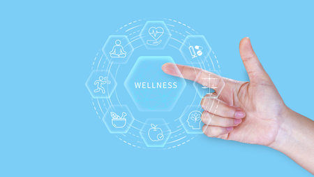 Wellness. Wellness longevity and Holistic Concept, health care, including mental wellbeing, fitness, nutrition, sleep, relationships and financial balance, Personal development and balance. not ai