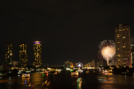 Night light landscape at Taksin bridge with firework,Bangkokのeditorial素材