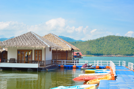 Floating houses on dam, Thailandのeditorial素材