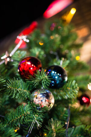 Christmas baubles on a Cedar tree branch (chrismas)の写真素材