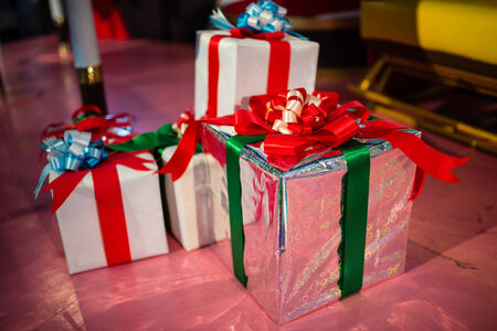 A group of gift wrapped Christmas presentsの写真素材