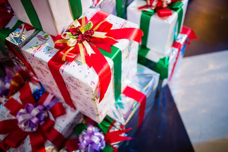 A group of gift wrapped Christmas presentsの写真素材