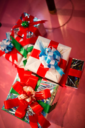 A group of gift wrapped Christmas presents