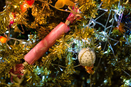 Christmas baubles on a Cedar tree branch (chrismas)の写真素材