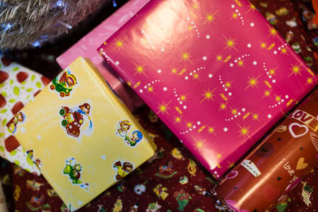 A group of gift wrapped Christmas presentsの写真素材