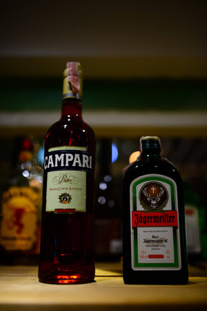 Bangkok,Thailand,Dec 6,2014:Close up shot of Campari and Jagermeisterのeditorial素材