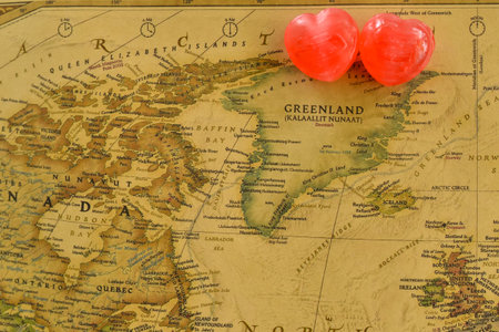 Sweet heart candy present love in old Greenland map