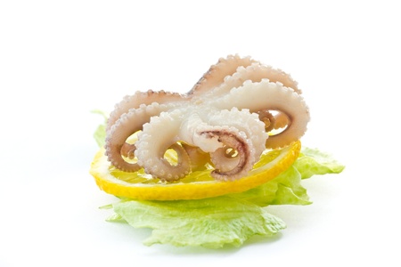 boiled octopus with a slice of lemon on a white backgroundの写真素材