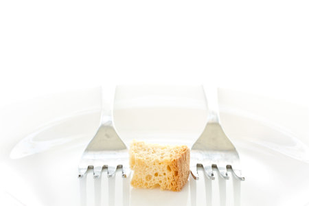 Fried toast with two forks on a white background